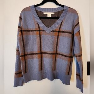 Max Studio Blue And Brown Plaid V-neck Sweater Size M